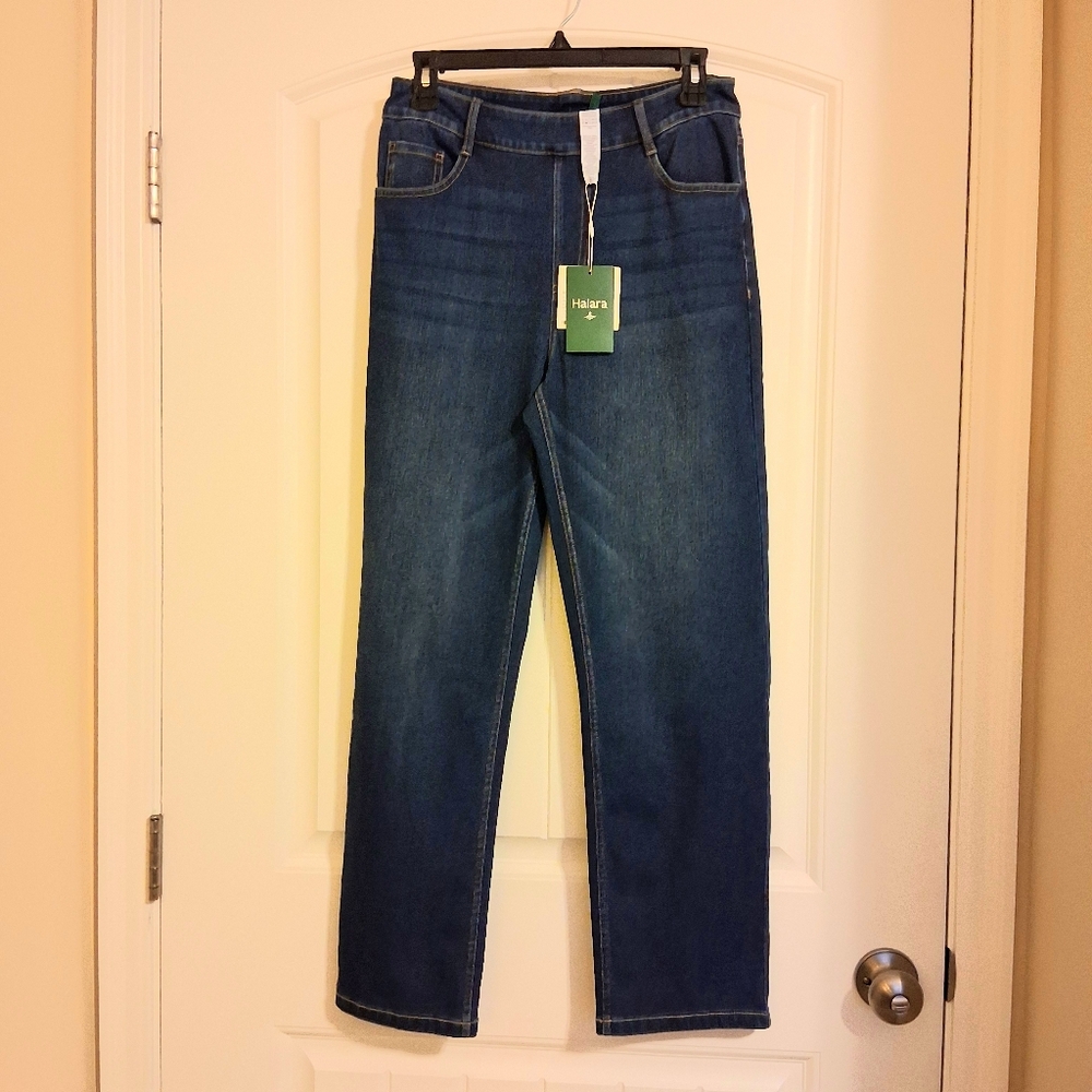 NEW Halara Flex Denim Pull-on High Waist Straight Leg Jeans Sz Med Petite NWT - Picture 2 of 10